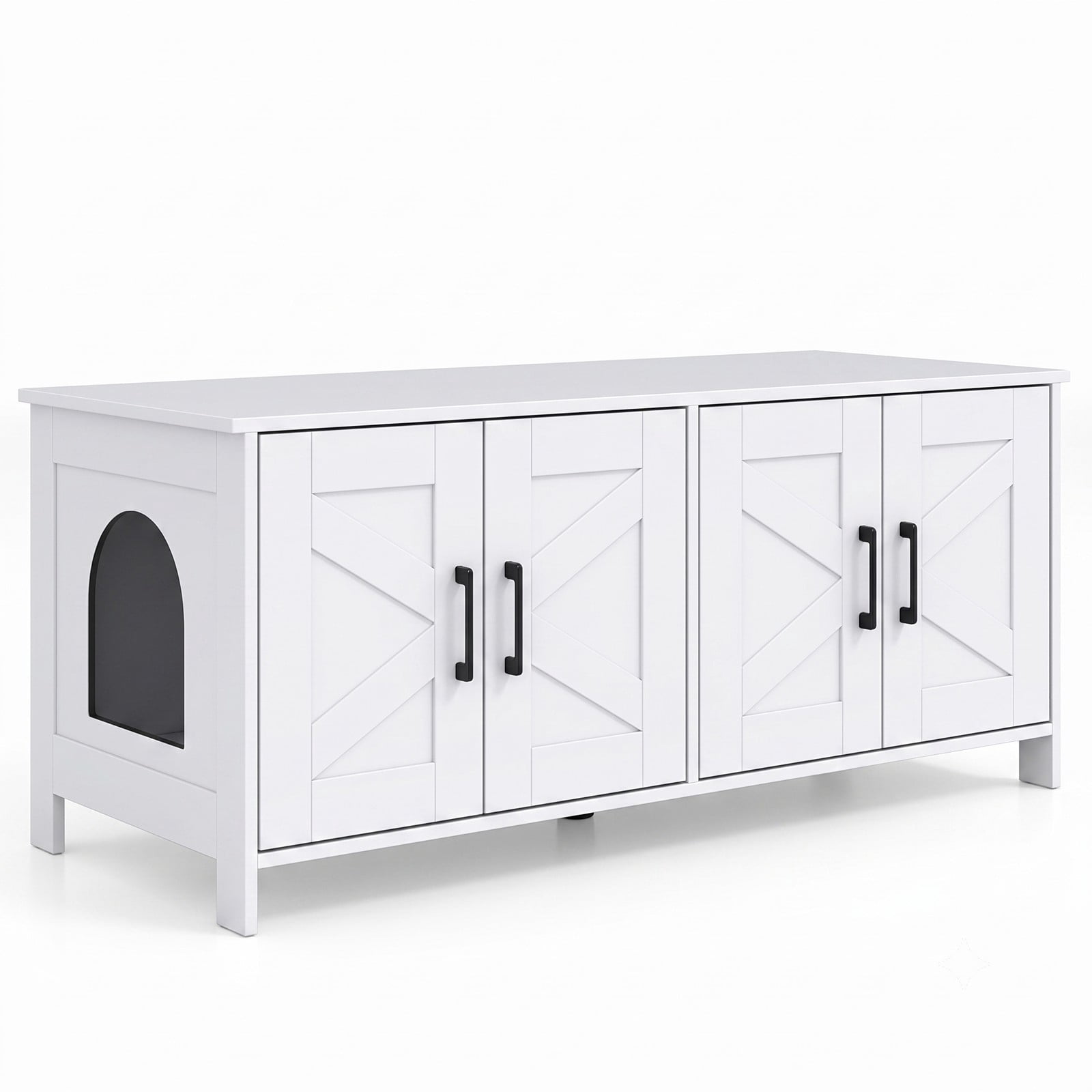 ALPULON Cat Litter Box Enclosure for 2 Cats Modern Kitty Litter Box Furniture Cabinet Hidden Washroom Side Table with Barn Doors and Tabletop, White