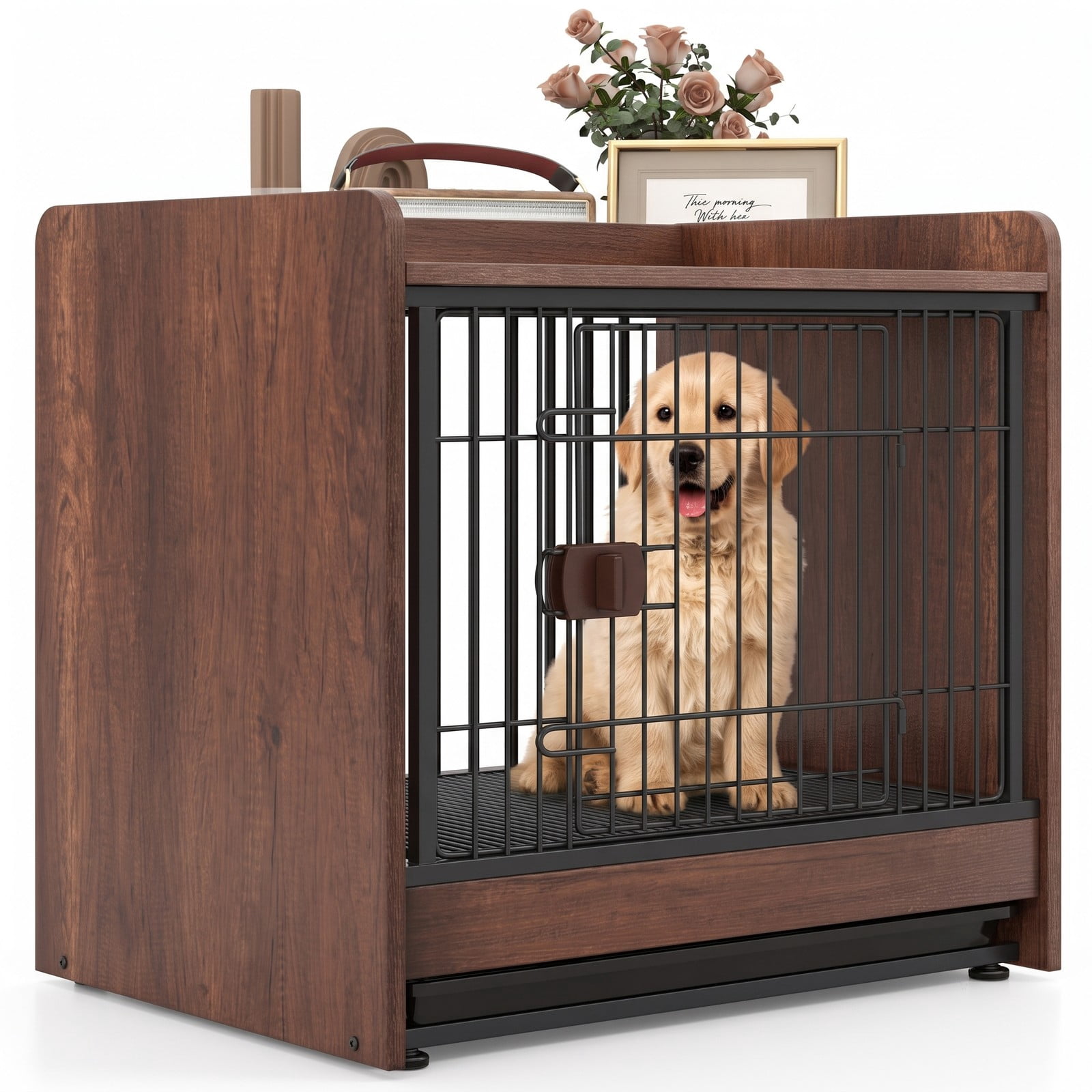 ALPULON Dog Crate Indoor Dog Cage End Table with Removable Tray and Lockable Door, Heavy Duty Metal Wood Furniture Style Pet Kennel for Small Medium Dogs, Rustic Brown