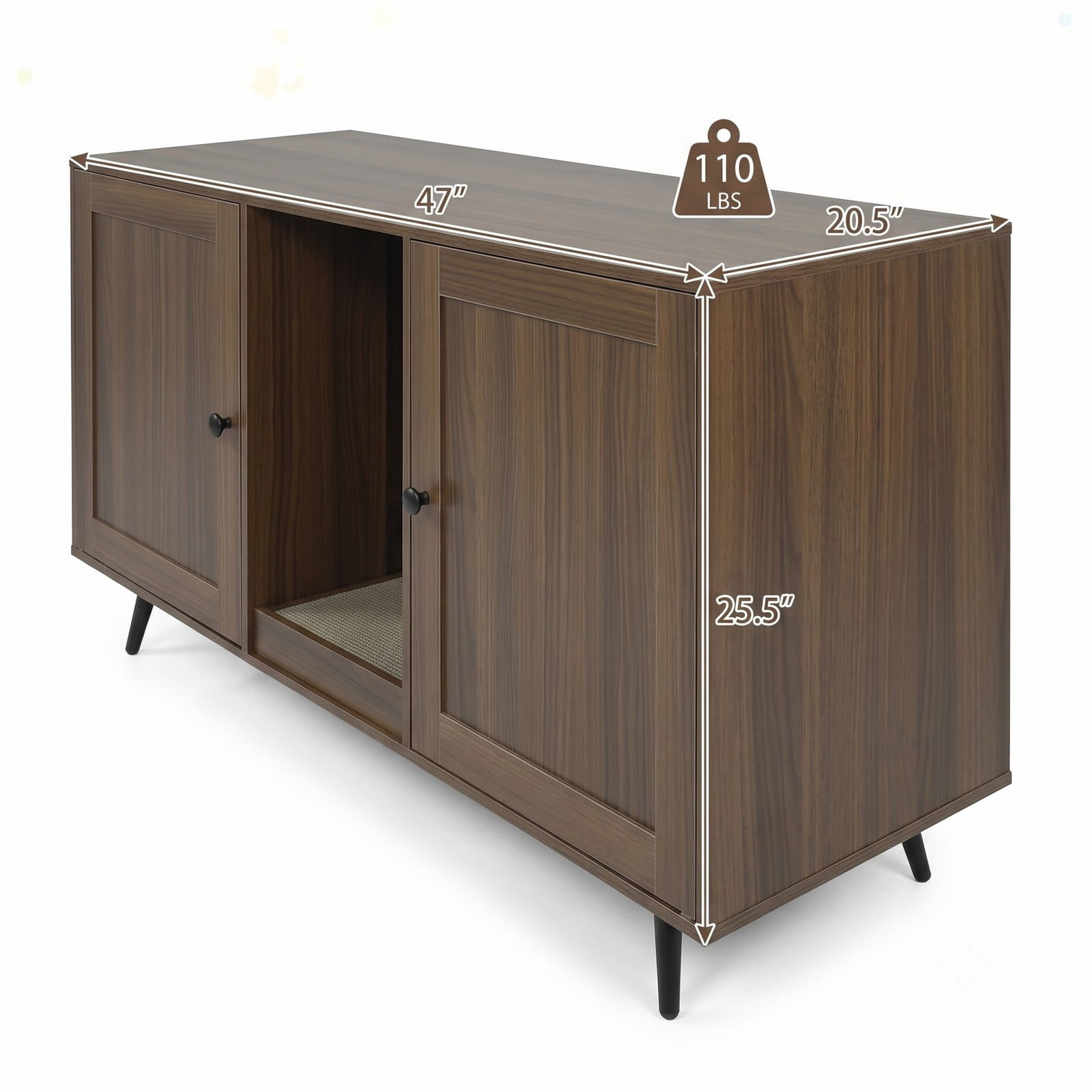 ALPULON Double Cat Litter Box Enclosure for 2 Cats, Wooden Hidden Cat Washroom Furniture with Scratching Pad and Double Rooms, Enclosed Kitty House Side Table, Walnut