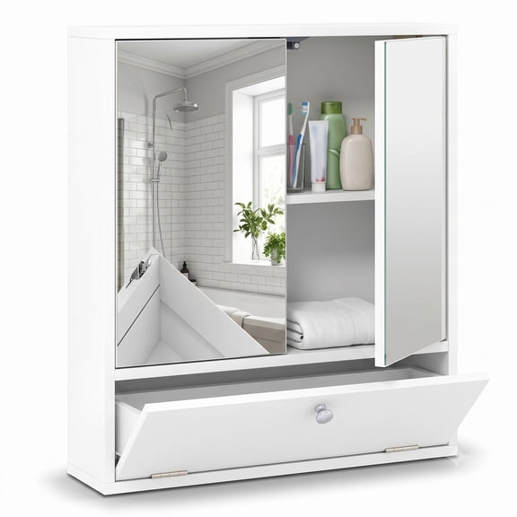 ALPULON Double Door Wall Mounted Bathroom Mirrored Cabinet with Push to Open Doors and Flip Down Compartment for Storage, White
