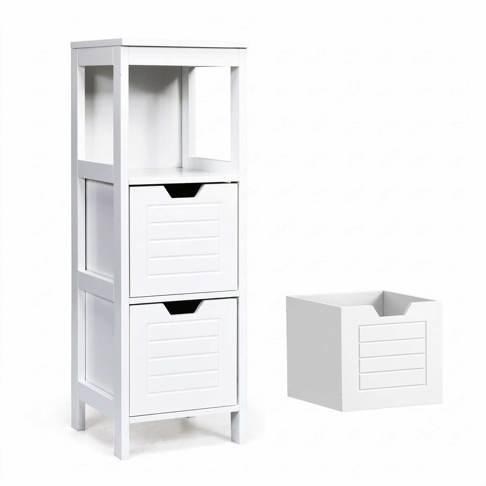 ALPULON Floor Cabinet Multifunction Storage Rack Stand Organizer, Freestanding Bathroom Storage Cabinet with 2 Drawers and 3 Open Shelves for Living Room, White