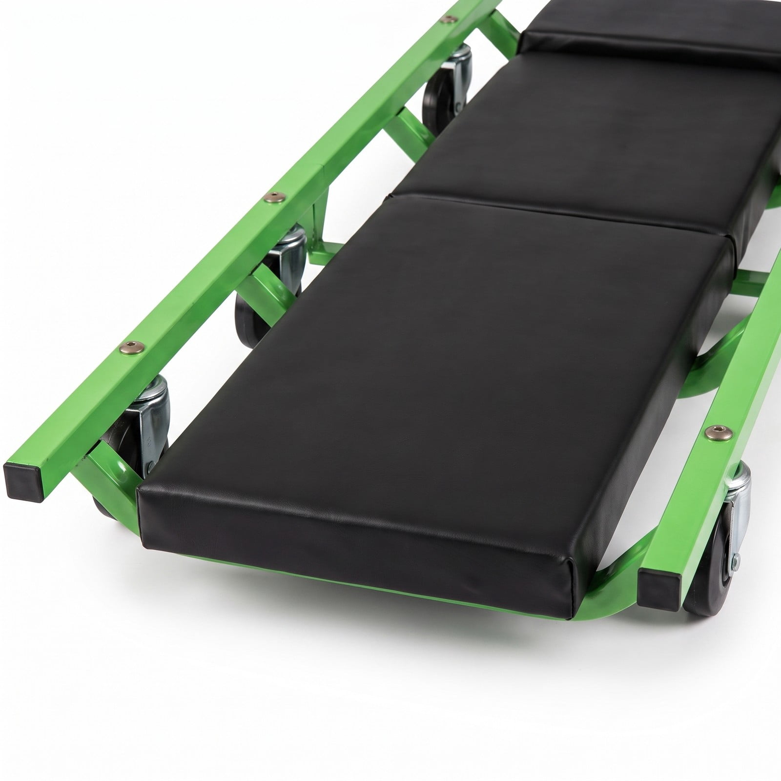 ALPULON Foldable Automotive Creeper with 360 Degree Swivel Wheels, 330 lbs Rolling Garage Creeper with Padded Headrest and PU Leather Cushion, Low Profile, Green