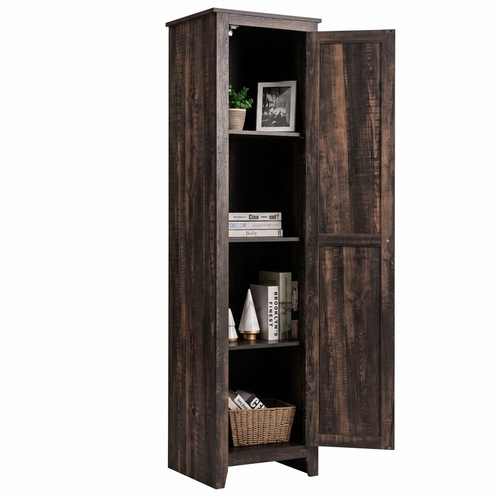 ALPULON Linen Tower Bathroom Storage Cabinet, Tall Slim Freestanding Floor Organizer with 4 Shelves and Enclosed Door, Narrow Anti-Tip Side Storage for, Walnut