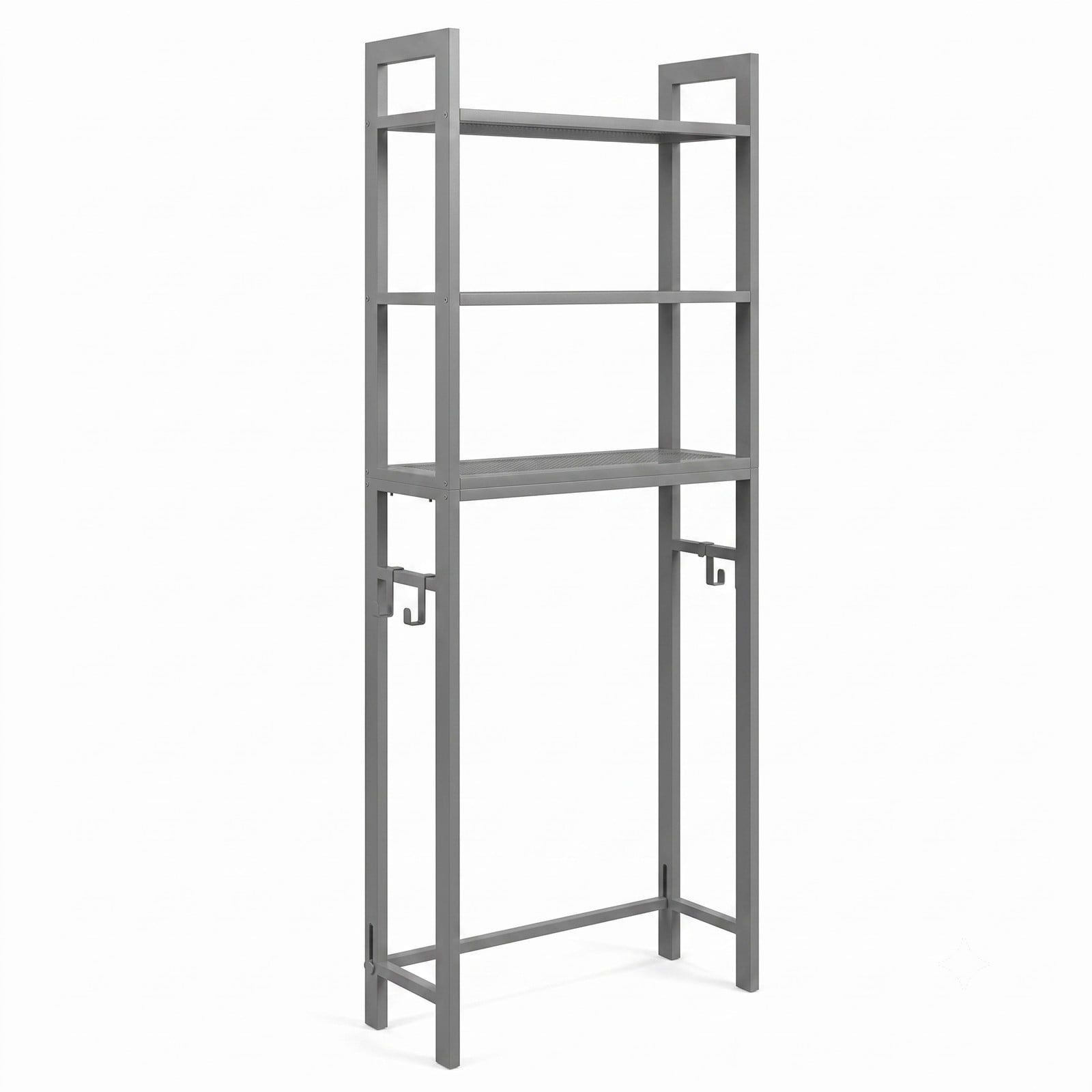 ALPULON Over-The-Toilet Storage Shelf, 3-Tier Space Saving Metal Bathroom Organizer Rack with 3 Hooks and Anti-Tipping Device, Freestanding Above Toilet Stand, Gray