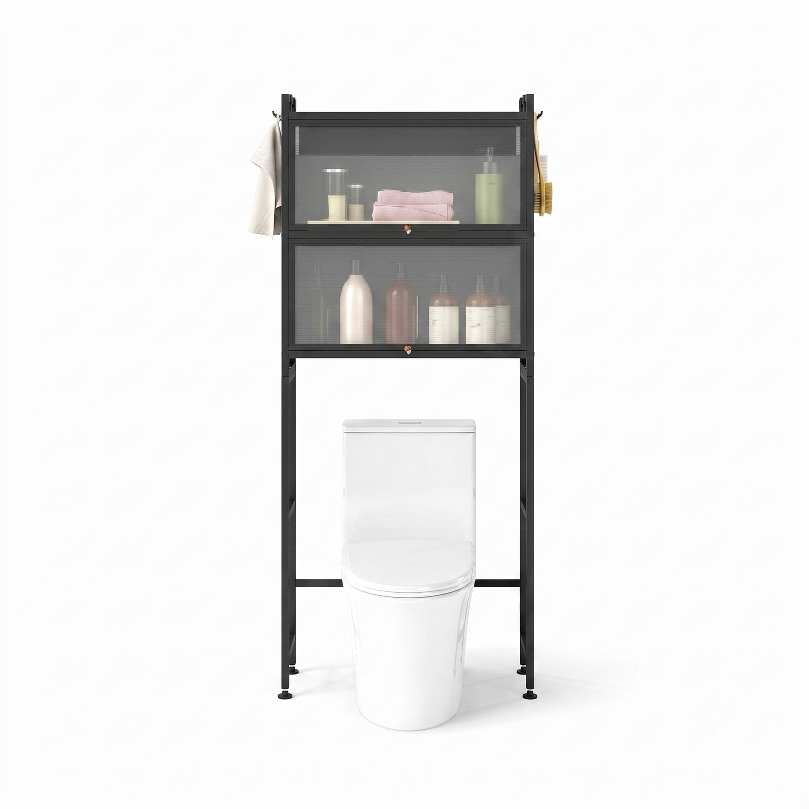 ALPULON Over the Toilet Cabinet Bathroom Organizer with 2 Flip-Up Fluted Door Cabinets and 4 Side Hooks for Storage, Black