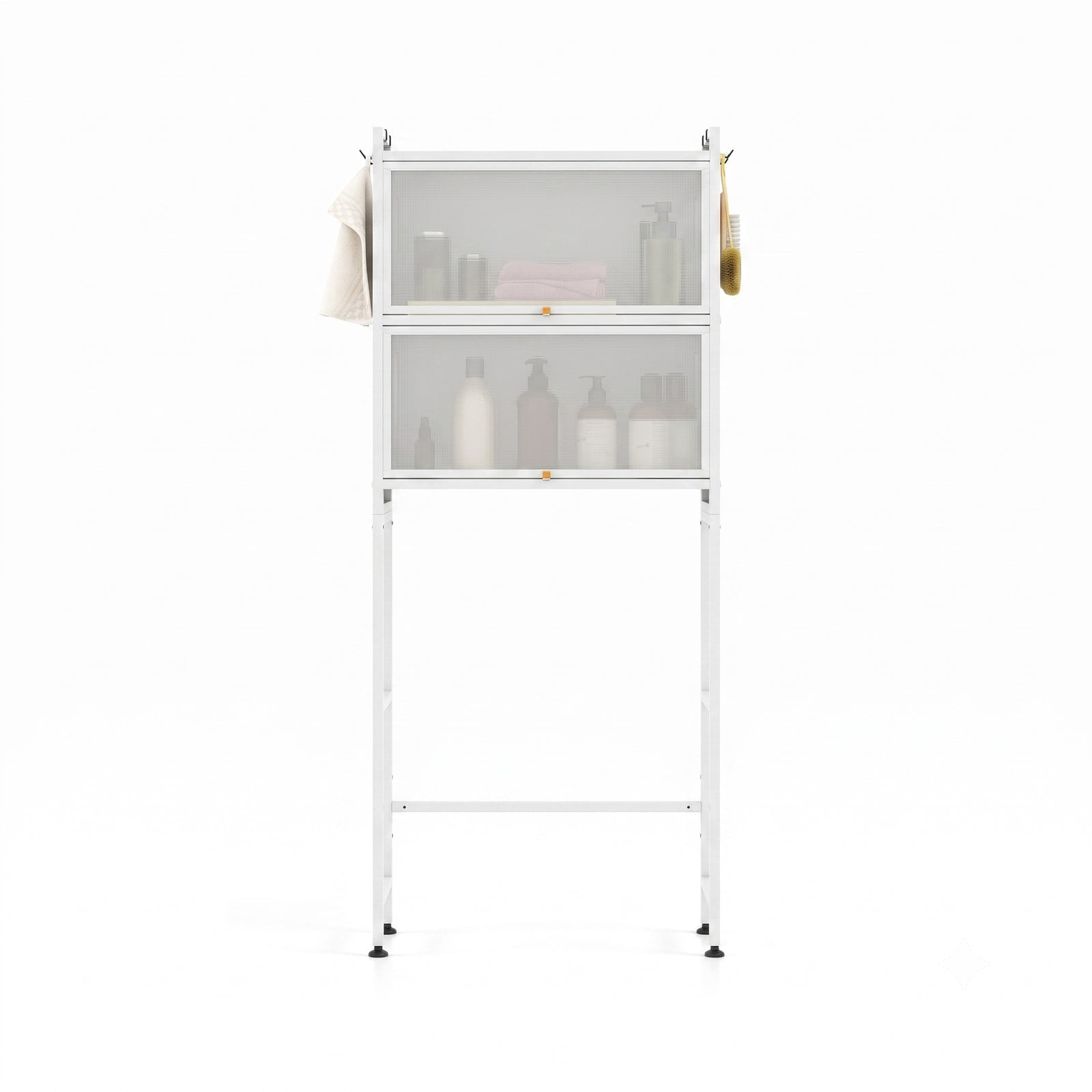ALPULON Over the Toilet Cabinet Bathroom Organizer with 2 Flip-Up Fluted Door Cabinets and 4 Side Hooks for Storage, White