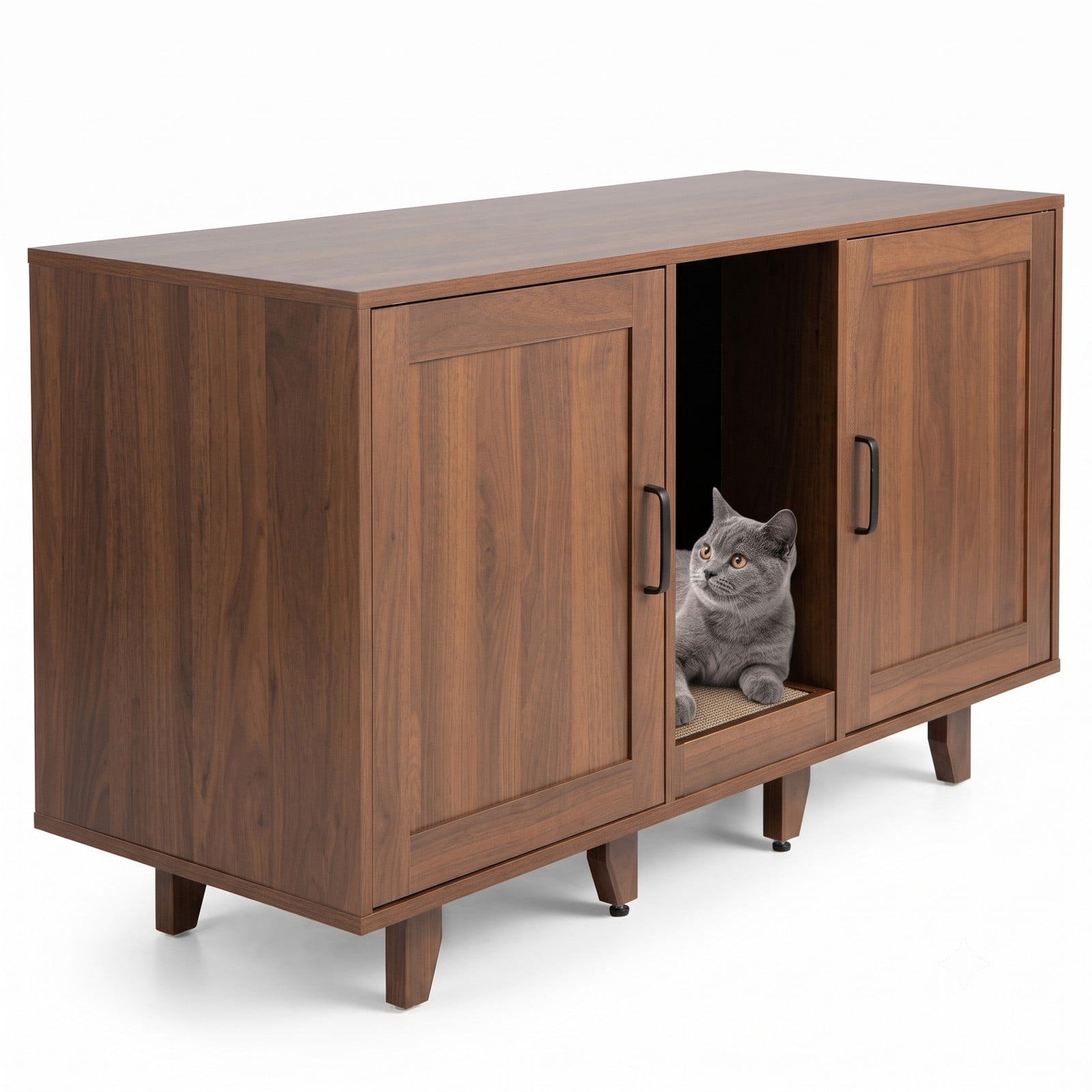 ALPULON Patented 2-Door Cat Litter Box Enclosure Hidden Cat House with Winding Entry, Scratching Board & Magnetic Doors, Wooden Cat Washroom Side Table TV Stand, Brown