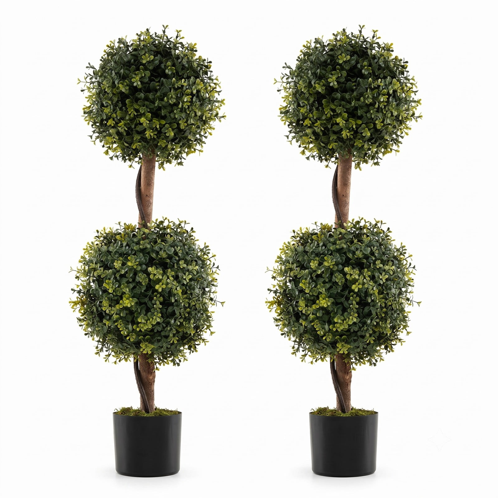 ALPULON Set of 2 Artificial Double Topiary Ball Trees, 35.5 Inch Faux Boxwood Plants with Cement-Filled Pots for Indoor Outdoor Home Office Front Porch Decor, Green