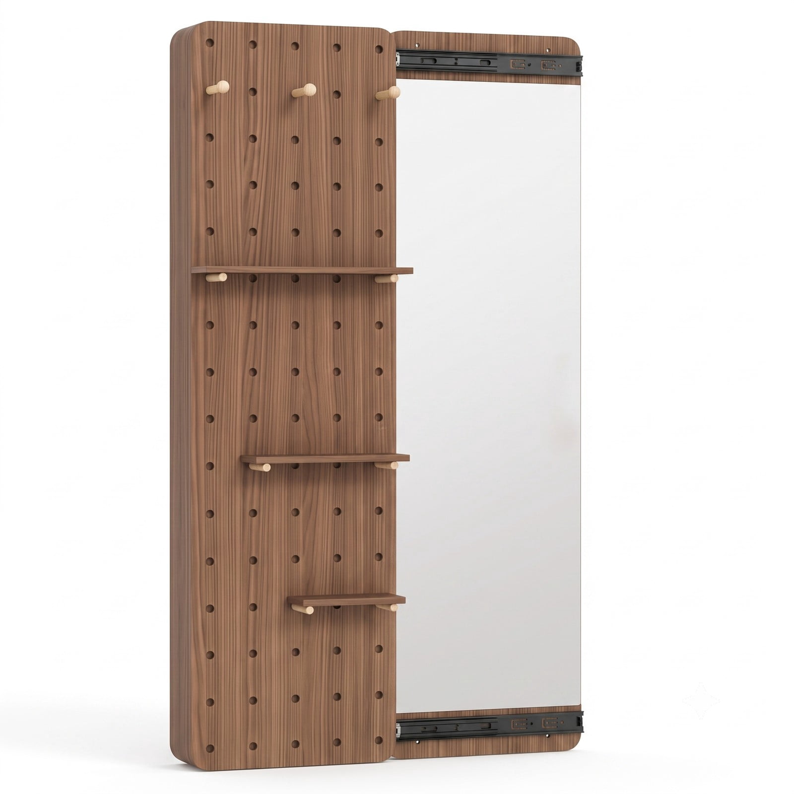 ALPULON Solid Wood Full Length Mirror with Sliding Pegboard, Shelves and 3 Hooks, Wall Mounted HD Floor Mirror for Entryway Bedroom Closet, Brown