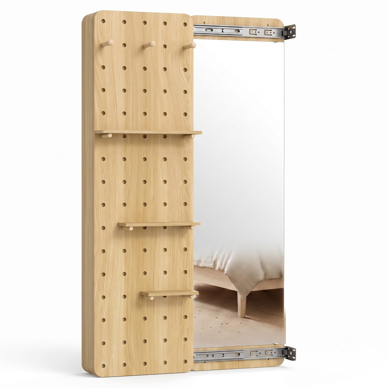 ALPULON Solid Wood Full Length Mirror with Sliding Pegboard, Shelves and 3 Hooks, Wall Mounted HD Floor Mirror for Entryway Bedroom Closet, Natural