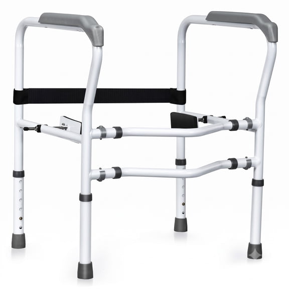ALPULON Steel Toilet Safety Frame with Padded Armrests and Adjustable Height and Width for Elderly Seniors and Adults, White and Gray