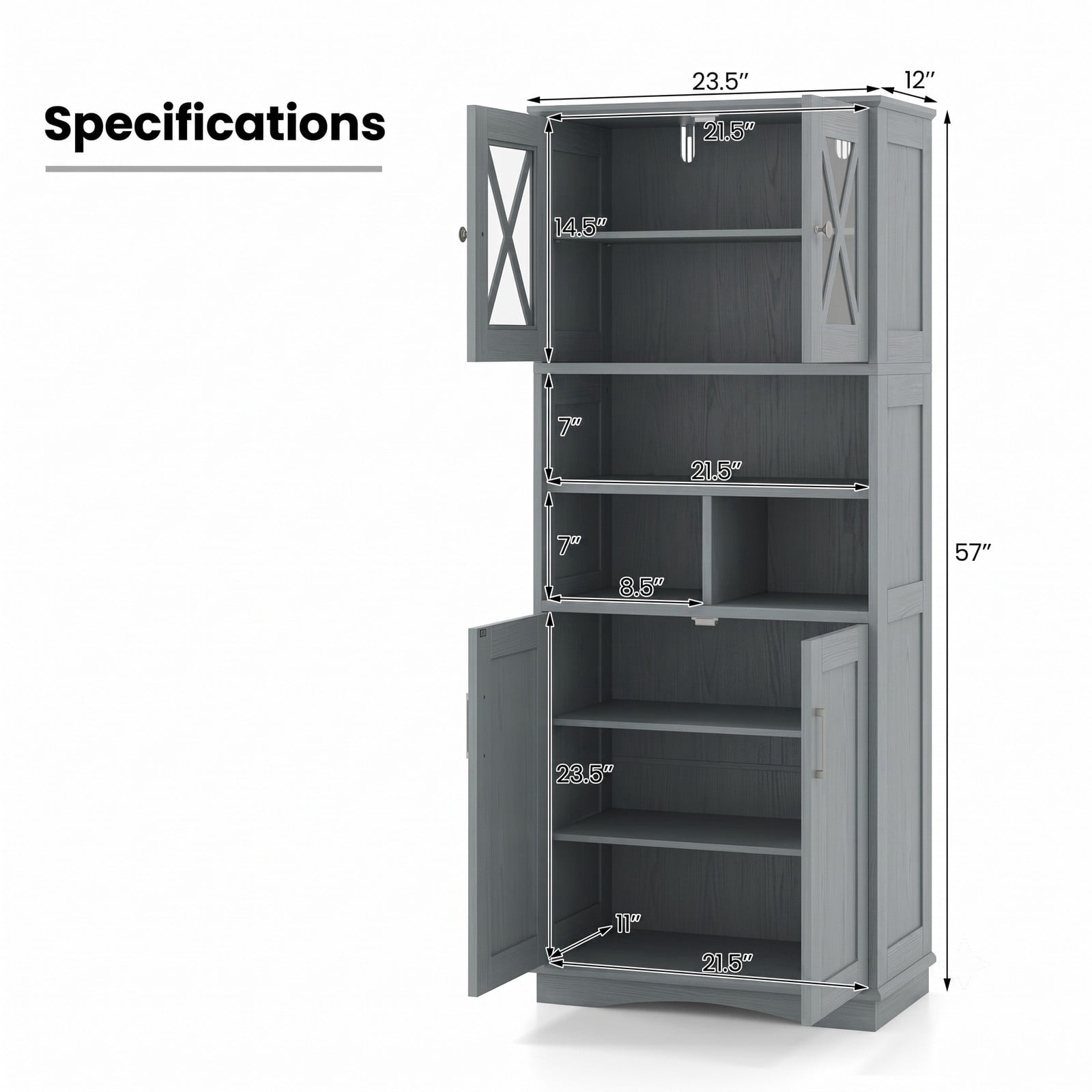 ALPULON Tall Bathroom Storage Cabinet, Freestanding Floor Linen Tower with Acrylic Doors, 3 Adjustable Shelves and 3 Open Cubes, MDF Organizer for Bathroom, Gray
