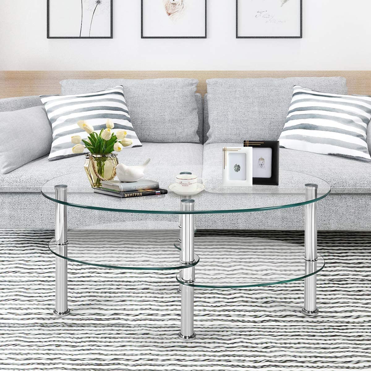 Costway Tempered Glass Oval Side Coffee Table Shelf Chrome Base Living
