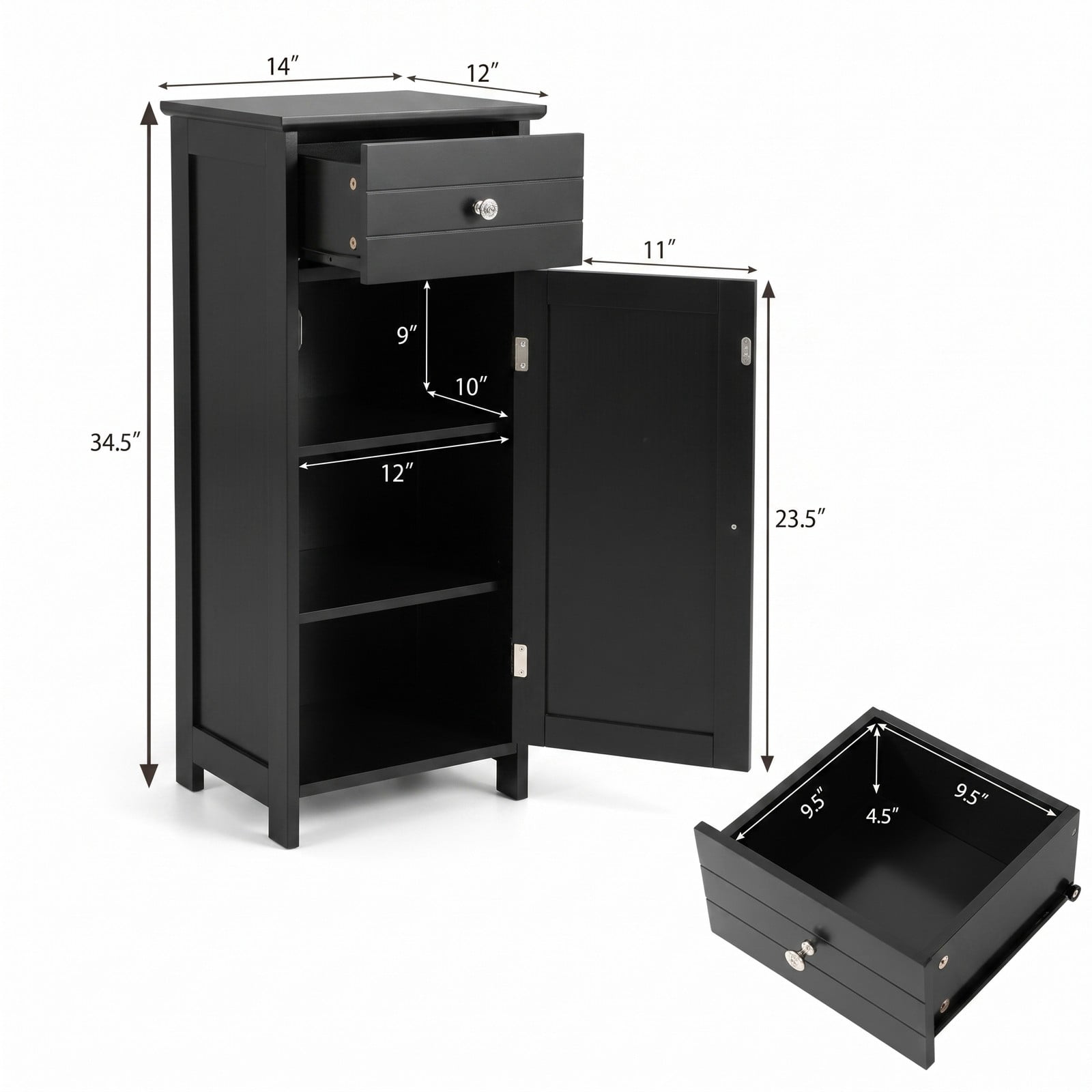 ALPULON Wooden Bathroom Floor Storage Cabinet with Drawer and Adjustable Shelf, Freestanding MDF Side Organizer for Bathroom Entryway Living Room, Black