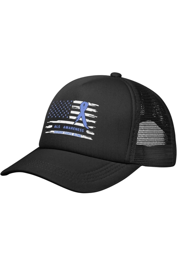 ALS Awareness America Flag Blue Ribbon Baseball Cap Adjustable Casual Mesh Hats Duck Tongue Hat for Men Women73, Black