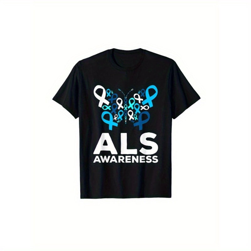 ALS Awareness Butterfly Print T-Shirt, 100% Cotton Crew Neck Casual Tee ...