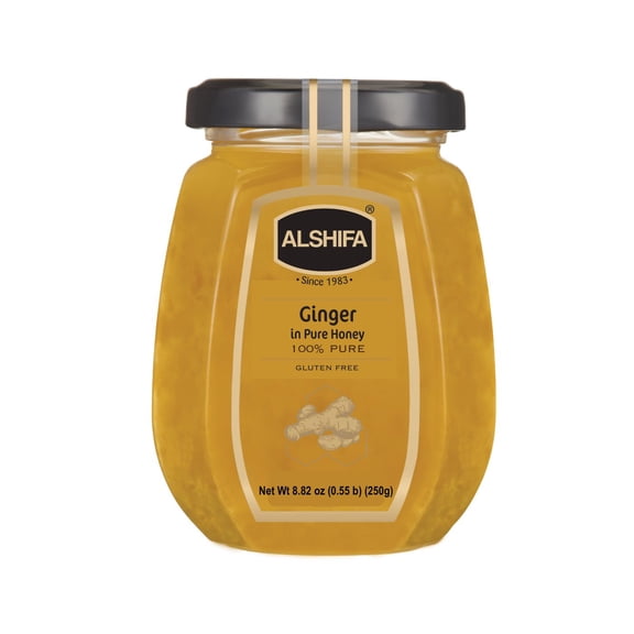 ALSHIFA Ginger Honey 8.81oz (250g) | Pack of 1 | Mixture of Ginger Slices | Unique Taste Sweetener | Healthy & Rich in Nutrients | No Added Sugar | Glass Bottle