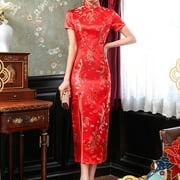 ALSLIAO Chinese Traditional Qipao Dress Women Summer Silk Satin Cheongsam Evening Gowns Red S