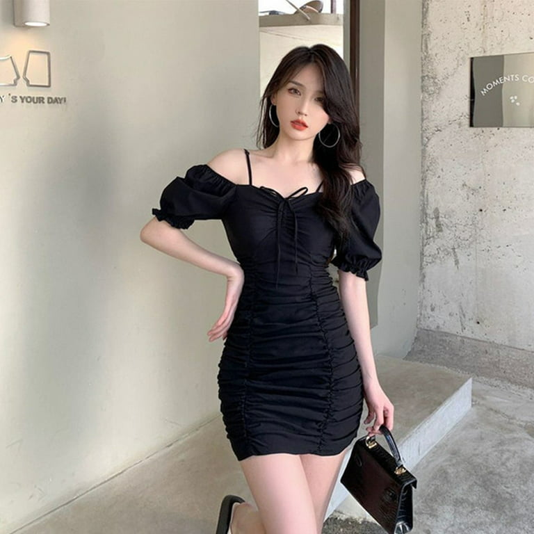 ALSLIAO Korean Summer Fashion Slim Women's Puff Sleeve Pleated Drawstring  Dress Thin Black 2XL