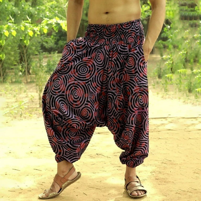 ALSLIAO Men African Casual Loose Wide Leg Trousers Yoga Indian Baggy Gypsy Harem  Pants Purple M 
