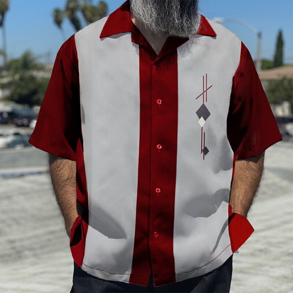 ALSLIAO Men Bowling Shirt Cuban Retro Short Sleeve ButtonDown Vintage