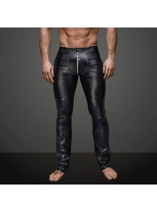 renvena Men's Fashion Low Waist Faux Leather Tight Trousers Shiny Long  Pants Clubwear Streetwear