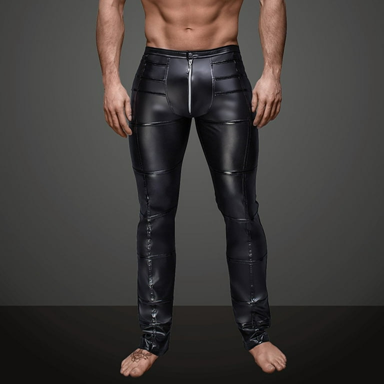 ALSLIAO Men Shiny PU Leather Leggings Wet Look Long Pouch Zip Pants Trousers  Clubwear Black M 