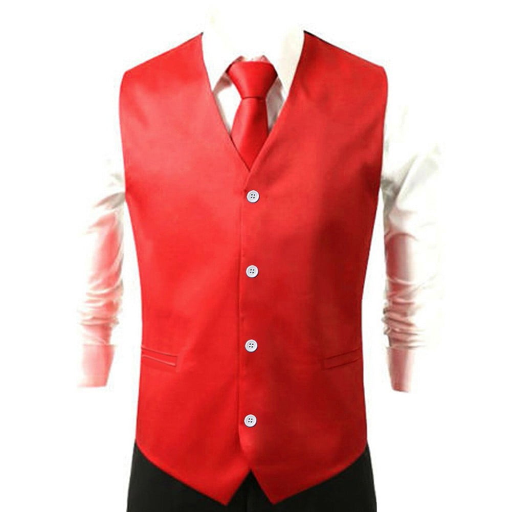 ALSLIAO Men Waistcoat Dress Slim Fit Suit Vest Wedding Suit Formal Business Jacket Top Red XL