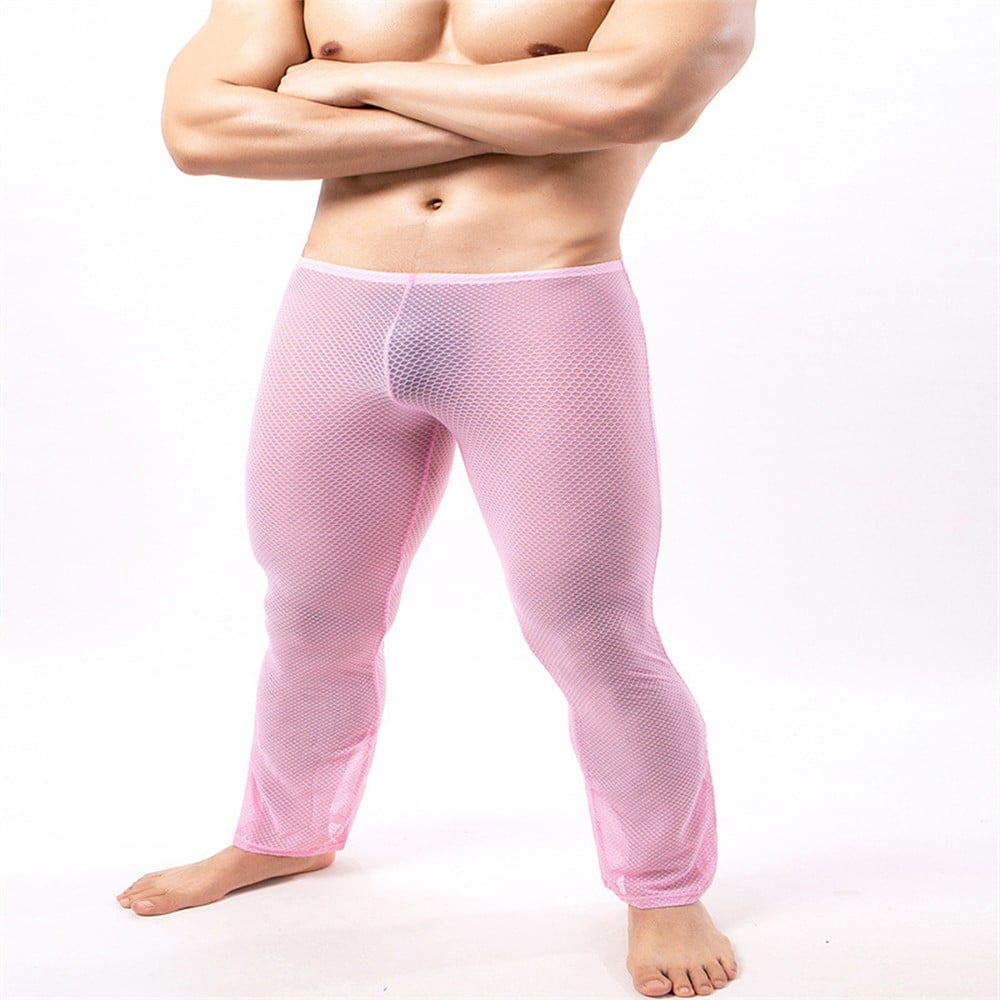 ALSLIAO Men's Sheer See Through Mesh Underwear Sports Fitness Long Johns  Pants Leggings Pink XL 