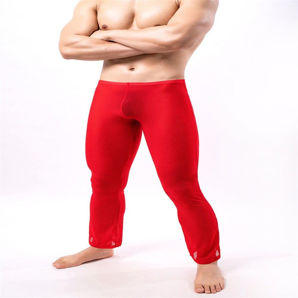 ALSLIAO Men s Sheer See Through Mesh Underwear Sports Fitness Long Johns Pants Leggings Red L Walmart