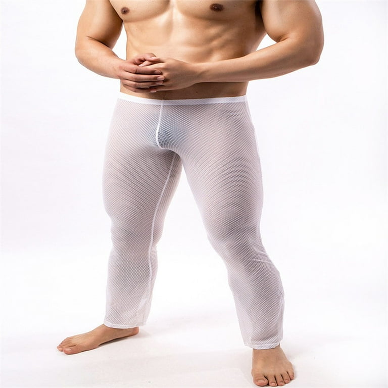 ALSLIAO Men's Sheer See Through Mesh Underwear Sports Fitness Long Johns  Pants Leggings White M
