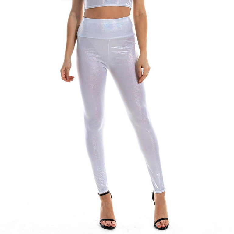 ALSLIAO Women High Waist Shiny Glitter Disco Leggings Wet Look Stretchy  Slim Pants Club White XL 