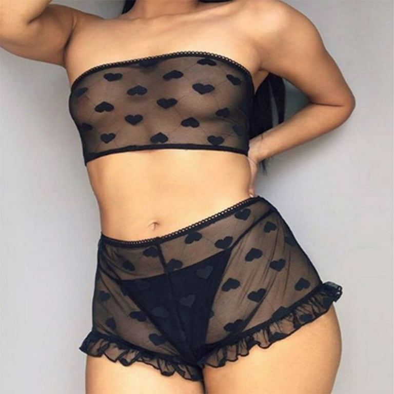 ALSLIAO Women Lace Sexy Lingerie Nightwear Underwear G-String Sleepwear Bra  Set Black S