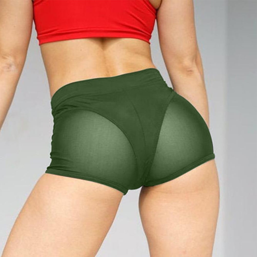 Women Shiny Sheer Shorts Sexy See Through Booty Stretchy Fitness