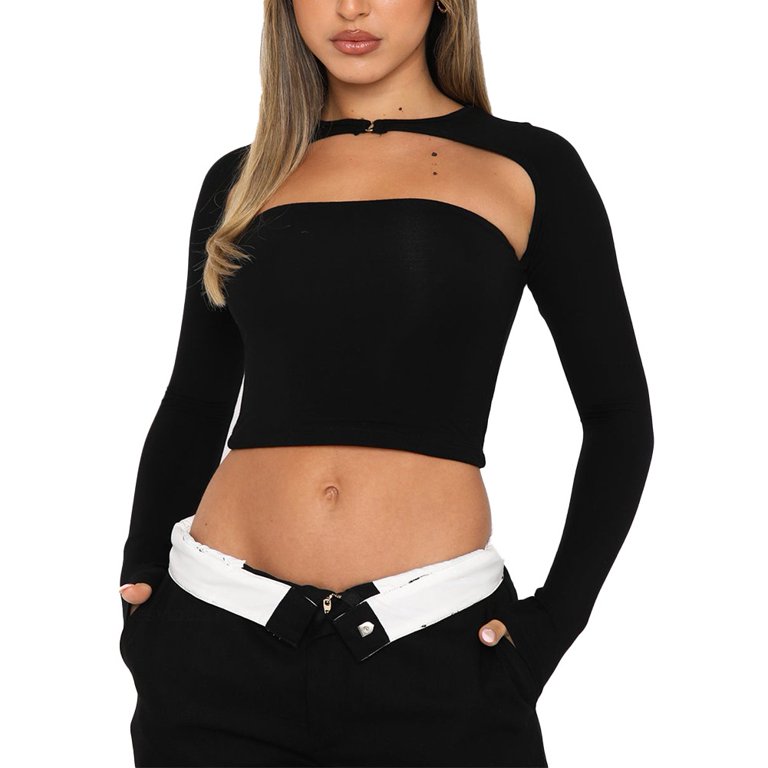 ALSLIAO Women Sexy Long Sleeve Shirt Casual Solid Crop Top Blouse