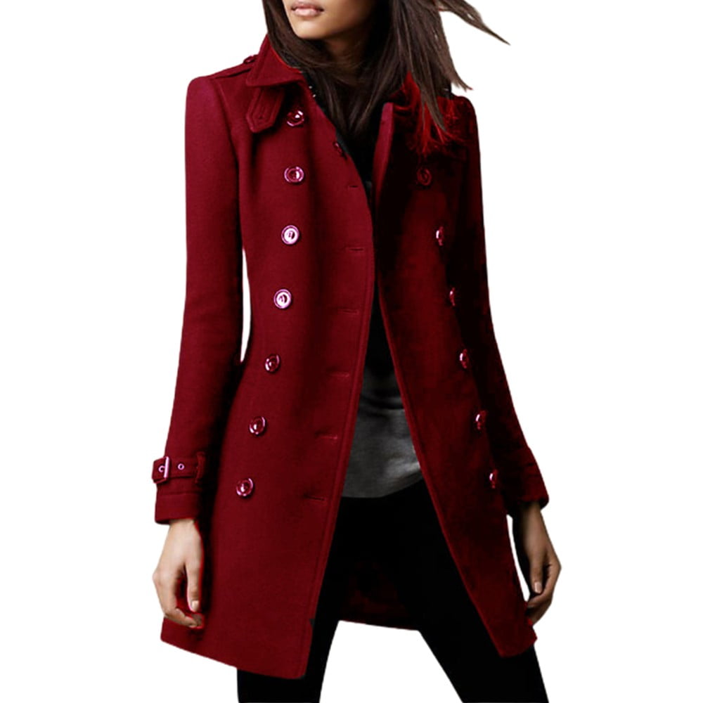 ALSLIAO Women Single Breasted Lapel Medium Long Coat Jacket Slim Winter Warm Overcoat Wine Red 2XL