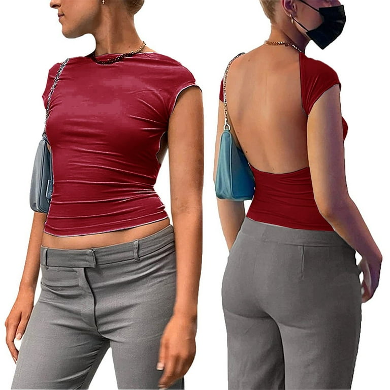 ALSLIAO Womens Backless T-Shirts Y2K Crop Top Solid Casual Sleeveless Sexy  Cut Out Tees Wine Red S 