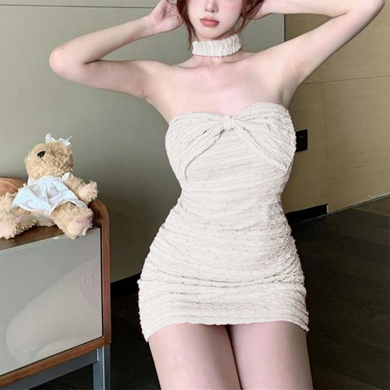 ALSLIAO Womens Bodycon Dress Sexy Bow Ruffled Pleated Low Bust Hip Wrap  Mini Dress 
