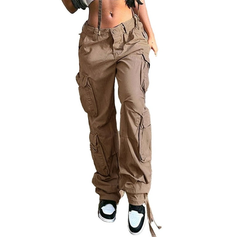 ALSLIAO Womens Cargo Pants Wide Leg Workwear Jogger Multi Pocket Loose  Casual Trousers Brown XL 