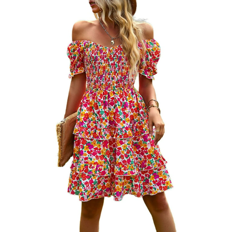 ALSLIAO Womens Casual Floral Summer Dress Puff Sleeve Ruffle Hem