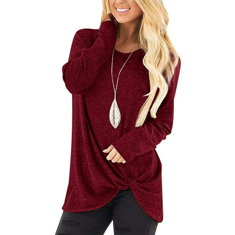 ALSLIAO Womens Casual Long Sleeve T-Shirts Screw Knot Front Tunic Blouse  Tops Pullover Wine Red XXL 