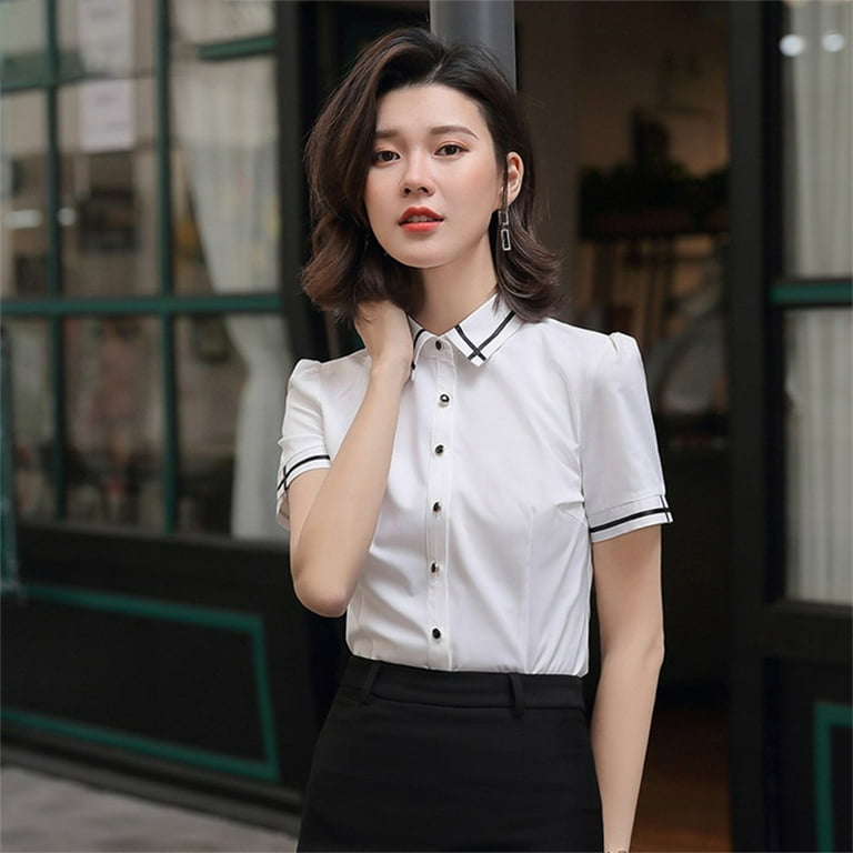 ALSLIAO Womens Casual Slim Fit Blouse Stripe Shirt Short Sleeve Collar Tops  Office Wear White 4XL