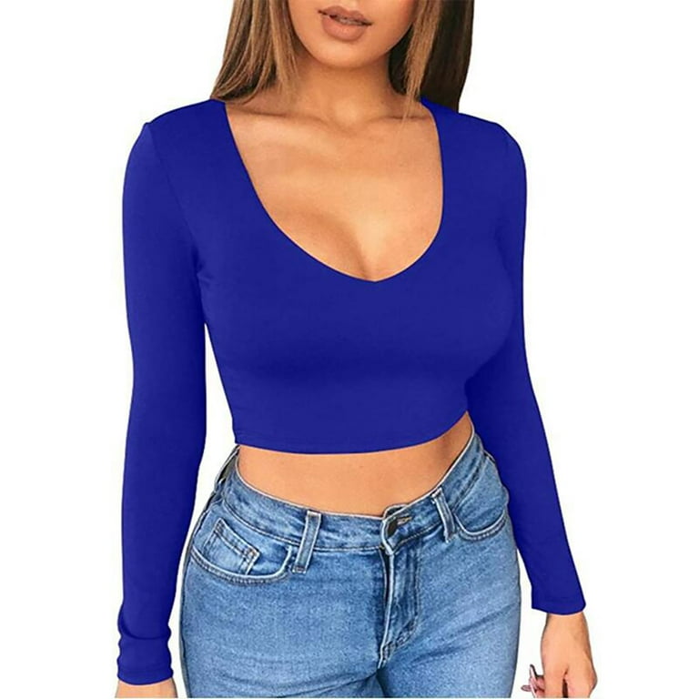 ALSLIAO Womens Crop Tops Basic Stretchy Scoop Neck Long Sleeve Solid Tee  Shirt Tops Blue S 