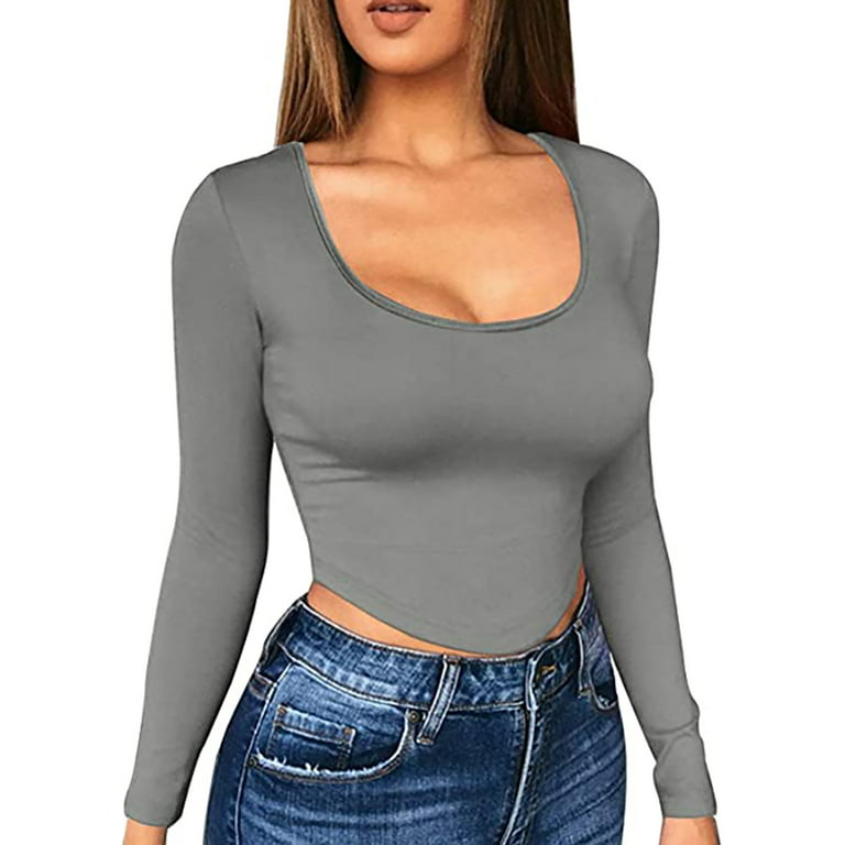 ALSLIAO Womens Crop Tops Basic Stretchy Scoop Neck Long Sleeve Solid Tee  Shirt Tops Light Grey L 