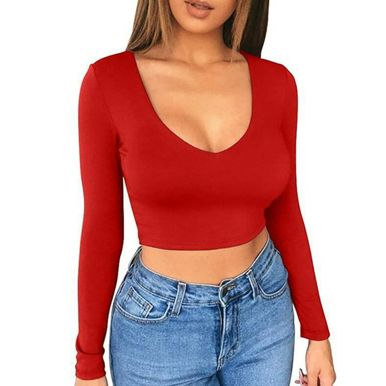 ALSLIAO Womens Crop Tops Basic Stretchy Scoop Neck Long Sleeve Solid Tee  Shirt Tops Red L 