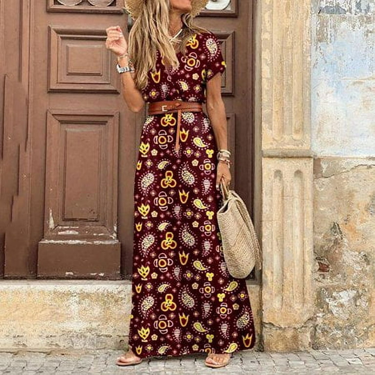 ALSLIAO Womens Floral Summer Boho Maxi Dress Ladies V Neck Casual Holiday  Sundress Belt Red Wine XL