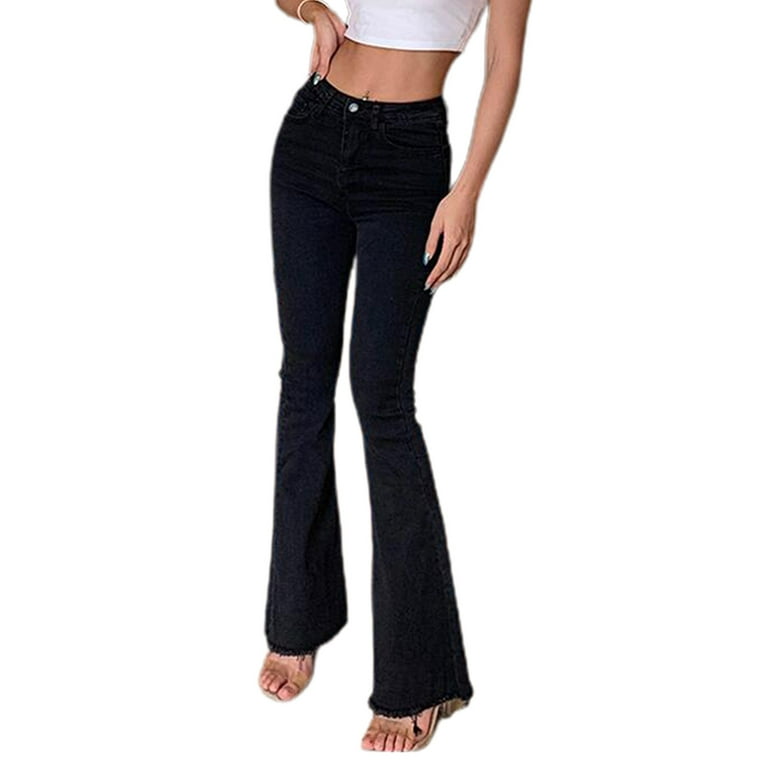 ALSLIAO Womens High Waisted Wide Leg Skinny Jeans Button Distressed  Stretchy Pants Black M 