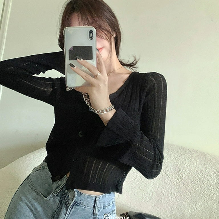 ALSLIAO Womens Korean Style Casual V-Neck Knit Cardigan Thin Long Sleeve  Y2K Tops Shirts Black 