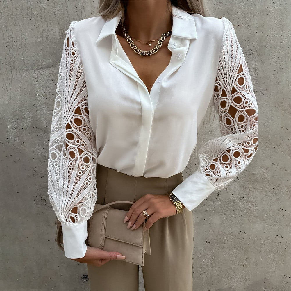 ALSLIAO Womens Lace Long Sleeve Blouse Office Ladies Work Button Down Shirt  Casual Tops White M 