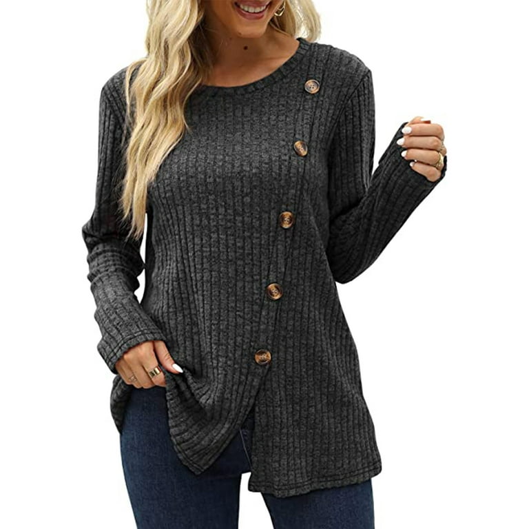 ALSLIAO Womens Long Sleeve Shirts Ladies Lightweight Jumpers Button Side  Slit Tunic Tops Dark Grey L 